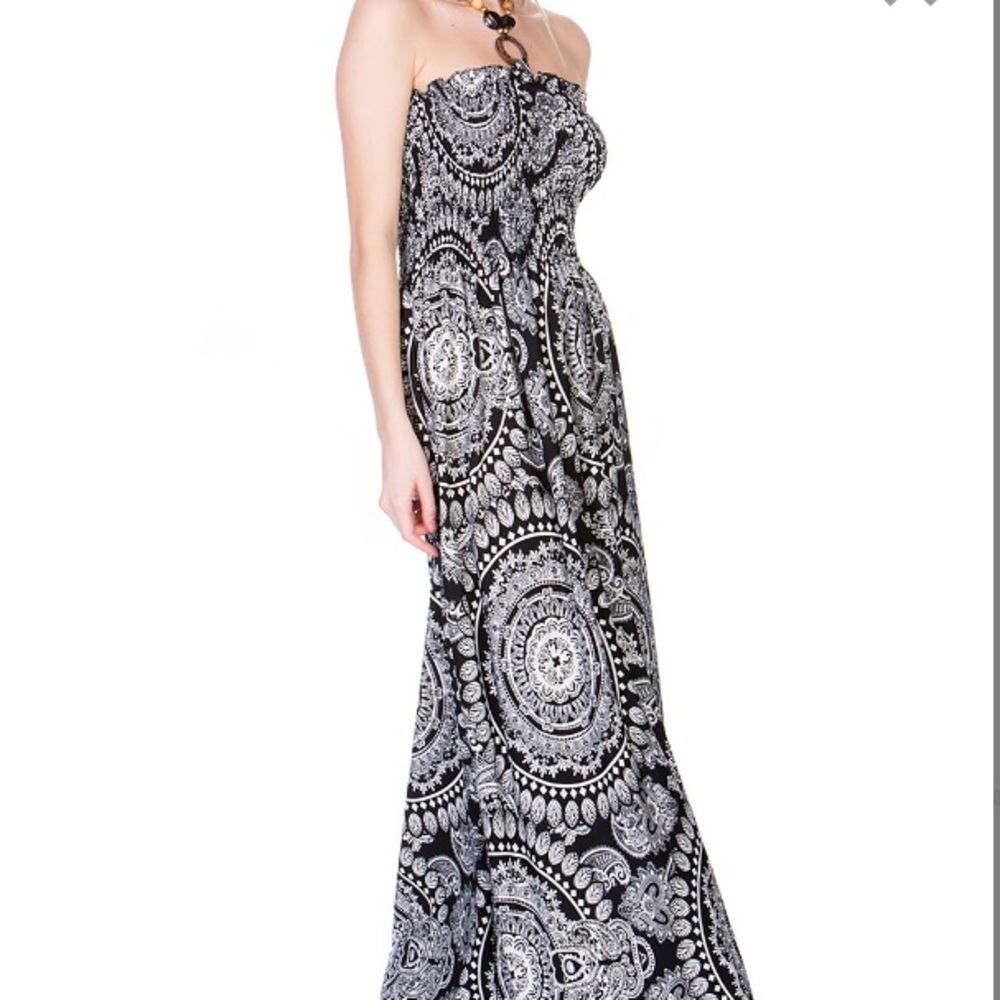 Black Medallion Halter Maxi Dress elasticized top